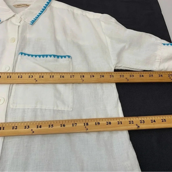 Soft Surroundings White Top Small  Linen Cotton Tunic Button Up Blue Trim Travel - Picture 10 of 11